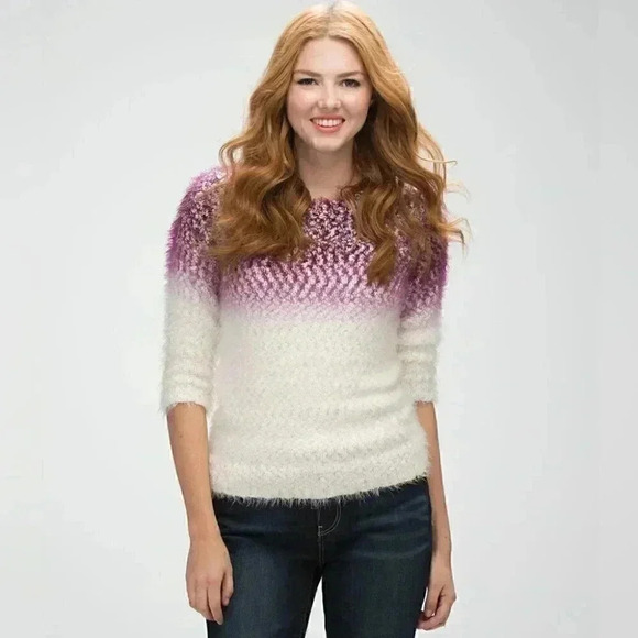 Ricki’s Sweater Fluffy Crewneck Pullover 3/4 Sleeves Ivory Grey Ombré Small - Picture 4 of 17